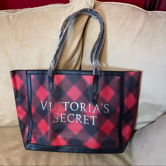 Victoria's Secret Handbags - Victoria’s Secret CarryAll Tote Travel Bag Red and Black Plaid w/ Silver Logo
